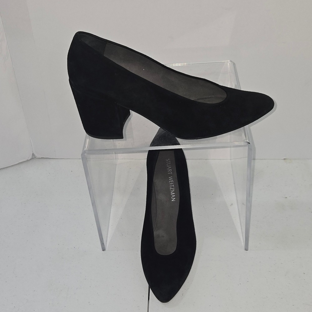 Stuart Weitzman Black Suede Block Heel Pointed Toe Pumps WW55231 Size 7.5 M